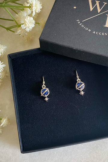 Orion Navy Silver Planet and Star Earrings Wisteria London